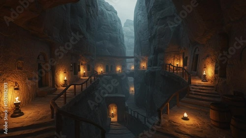 Serene cave pathway illuminated by lanterns at dusk