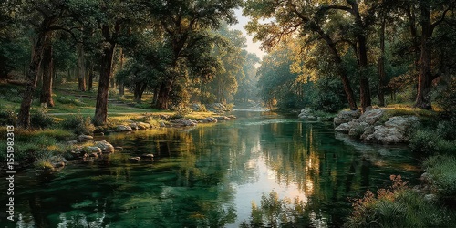 Serene river flows through lush forest at dawn, reflecting golden sunlight and vibrant greenery