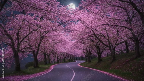 Serene Cherry Blossom Road Under a Full Moon Night