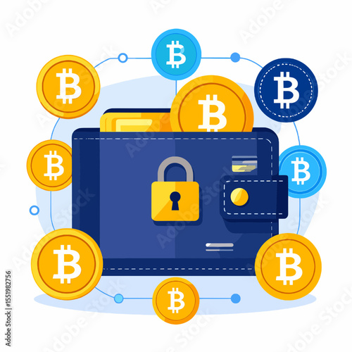Conceptual Illustration of Blue Digital Currency Wallet and Floating Gold Bitcoins with Lock Symbol