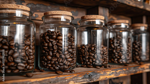 glass jars, wood shelves, assorted coffee beans, warm lighting, rustic, cozy, coffee shop, artisanal, high-quality, natural textures, focus on details, photorealistic
