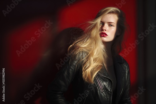 Confident woman in black leather jacket, soft light, blurred red background. Bold style meets effortless elegance.
