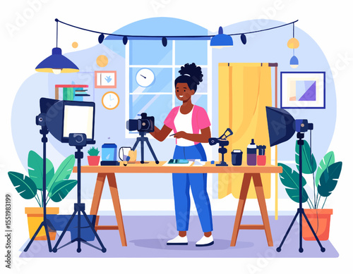 Dark Skinned Woman Creates Video Content in Home Studio with Professional Equipment and Soft Lighting