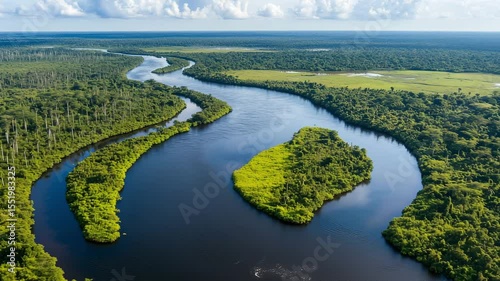 A winding river flows through a lush rainforest landscape, surrounded by vibrant greenery and reflecting midday light against the water