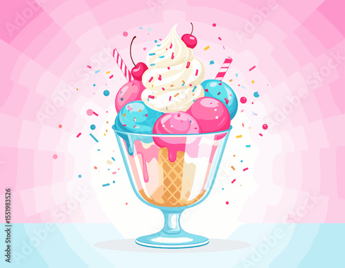 Delightful Pixel Art Ice Cream Sundae with Cherry Topping in Glass Bowl on Pink and Blue Background