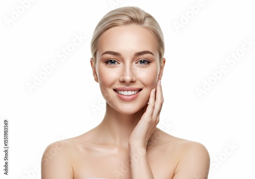 A radiant blonde woman displays a stunning smile and flawless skin perfect for beauty skincare cosmetics advertisements or health magazines.
