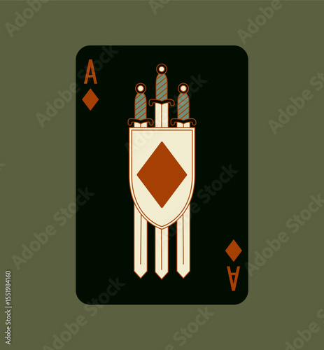 Ace of Diamonds, playing poker card in black design. Editable stroke lines. Isolated vector illustration. 	