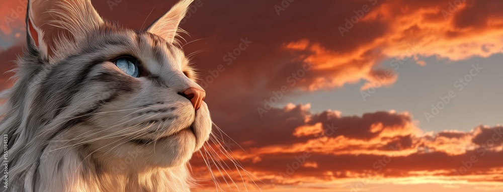 Obraz premium Beautiful cat with blue eyes gazing at the magical sky amidst an enchanting forest in a stunning oil painting style