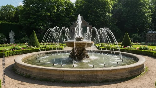 Serene Fountain in Lush Garden with Vibrant Flowers