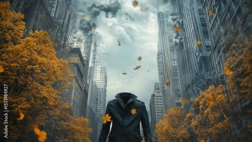 A figure without a head is seen on a deserted city street as orange leaves fall around, creating an eerie atmosphere on an overcast day