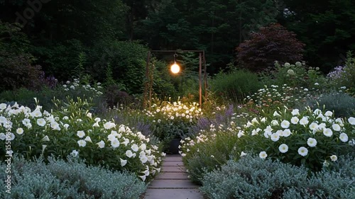 Serene Garden Pathway with Lantern and Blooming Flowers