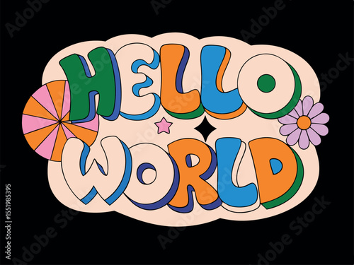 Colorful Retro Hello World Lettering with Groovy Decorative Elements