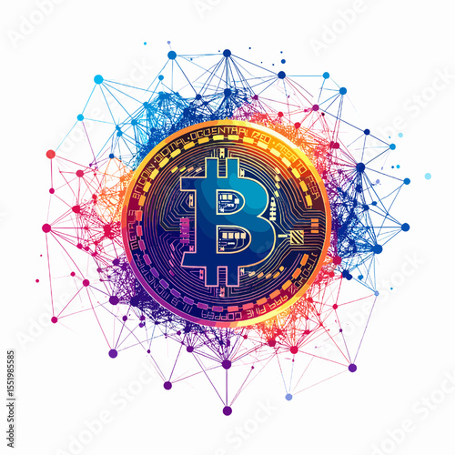 Digital Bitcoin Crypto Currency on Global Network with Abstract Financial Technology Concept on White Background