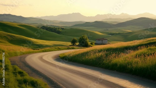 A winding road runs through lush green hills as the sun sets behind distant mountains creating a warm glow in the landscape