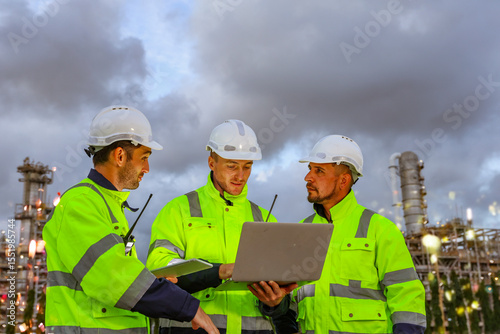 Engineering safety team working in the evening, male workers three engineers consulting and checking tapelet data in the field oil and gas refinery petroleum industry in the outdoor area.