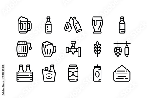 Beer Icon Set Black Line Art Brewery Symbols bottle