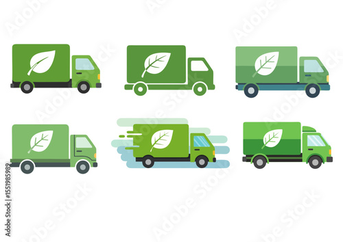 Flat vector illustration of green delivery truck with leaf symbol, representing sustainable logistics