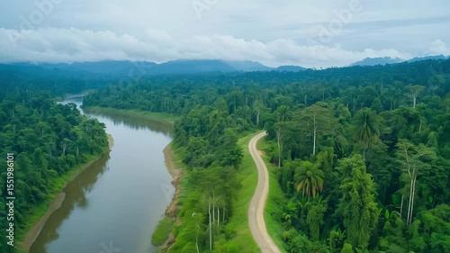 A winding river flows through a dense rainforest, with thick vegetation lining the banks under a cloudy sky during early morning hours