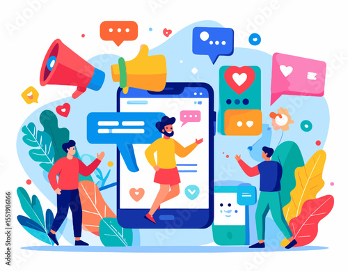 Digital Marketing with Social Media Communication Network via Mobile Phones Featuring People with Megaphone and Abstract Design on Light Blue Background