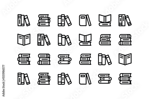 Black Book Stack Icons Set Line Art Style books stacks