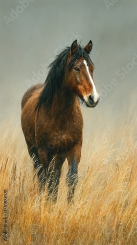 Brown horse stands gracefully in tall golden grass during a misty morning in a serene countryside setting