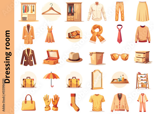 Dressing room icon set featuring various clothing and accessories  