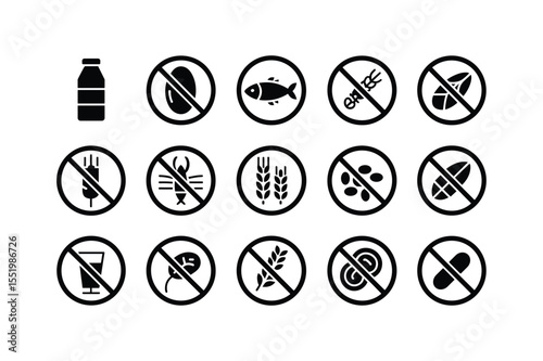 Black Dietary Restriction Icon Set Milk Fish Gluten Free