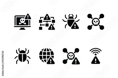 Black Cyber Security Warning Icon Set Skull Bug Computer