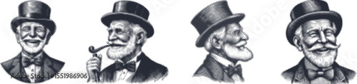 Vintage halftone stipple engraving bundle of happy old man in top hat and bow tie, retro black etched portrait illustration, classic stippling ink style vector design set