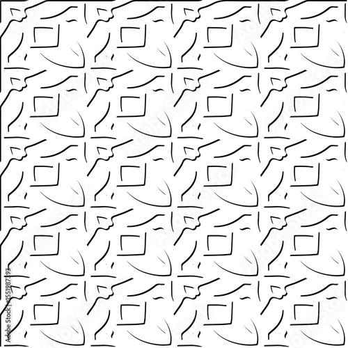  3d relief tiles.
Vector pattern with symmetrical elements . Modern stylish abstract texture. Repeating tiles from striped elements. Black and white pattern.