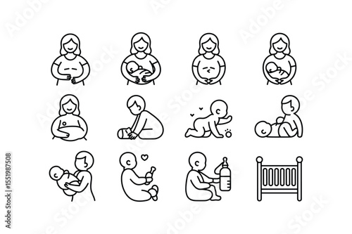 Black Line Art Icon Set Pregnancy Baby Care Mother Father