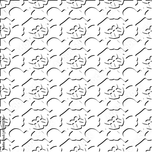  3d relief tiles.
Vector pattern with symmetrical elements . Modern stylish abstract texture. Repeating tiles from striped elements. Black and white pattern.