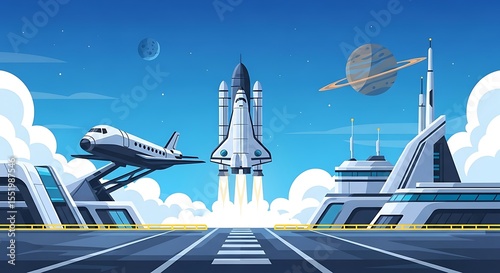 Spacecraft Launching From Spaceport with Airplane and Planet