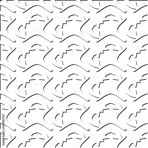  3d relief tiles.
Vector pattern with symmetrical elements . Modern stylish abstract texture. Repeating tiles from striped elements. Black and white pattern.