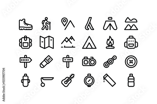 Black Line Hiking Camping Travel Icon Set icons