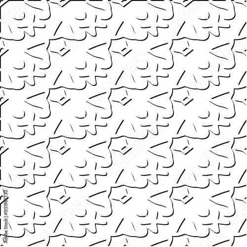  3d relief tiles.
Vector pattern with symmetrical elements . Modern stylish abstract texture. Repeating tiles from striped elements. Black and white pattern.