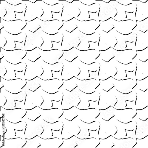  3d relief tiles.
Vector pattern with symmetrical elements . Modern stylish abstract texture. Repeating tiles from striped elements. Black and white pattern.
