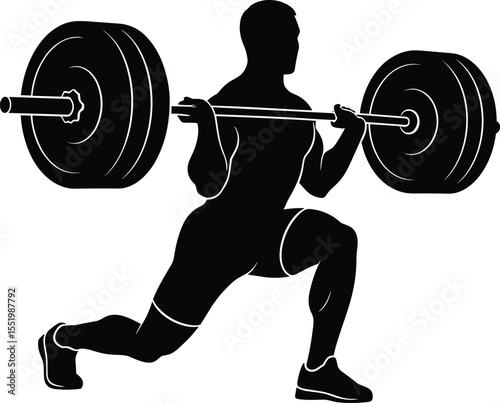 Silhouette, athlete, barbell lunge, strength training, fitness posture, workout pose, weightlifting, gym movement, discipline, motivation, power, balance, muscular, endurance