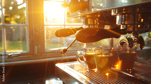 detailed close-up shot of coffee being poured into a cup on a wooden table, warm sunlight streaming through a window, steam rising from the coffee, coffee shop ambiance, highly detailed, photorealisti