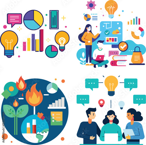 Vector art of team brainstorming innovative ideas and analyzing data for business growth