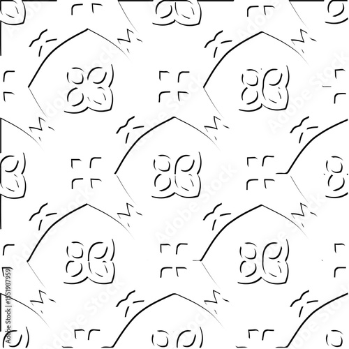  3d relief tiles.
Vector pattern with symmetrical elements . Modern stylish abstract texture. Repeating tiles from striped elements. Black and white pattern.