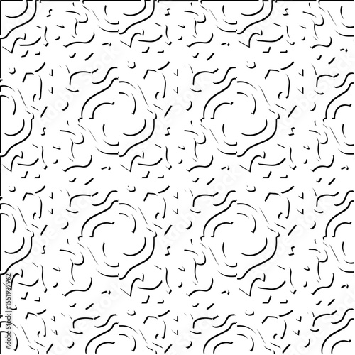  3d relief tiles.
Vector pattern with symmetrical elements . Modern stylish abstract texture. Repeating tiles from striped elements. Black and white pattern.