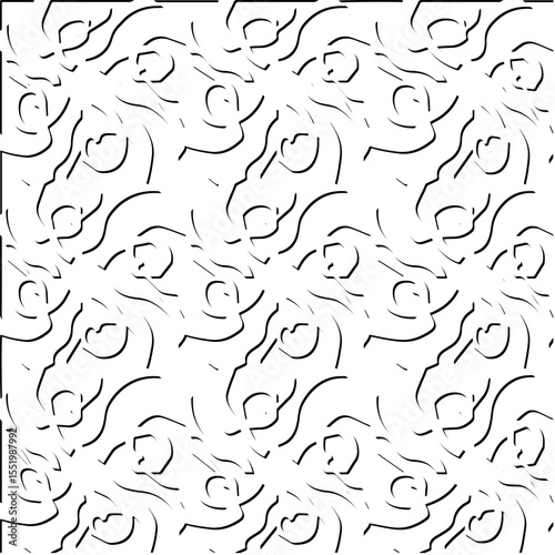  3d relief tiles.
Vector pattern with symmetrical elements . Modern stylish abstract texture. Repeating tiles from striped elements. Black and white pattern.
