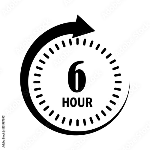 Stylized black clock face with a curved arrow indicating six hours