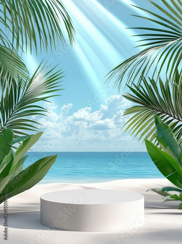 Beach platform with ocean view and palm tree framing for product display