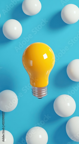 Light bulb among white spheres on a blue background