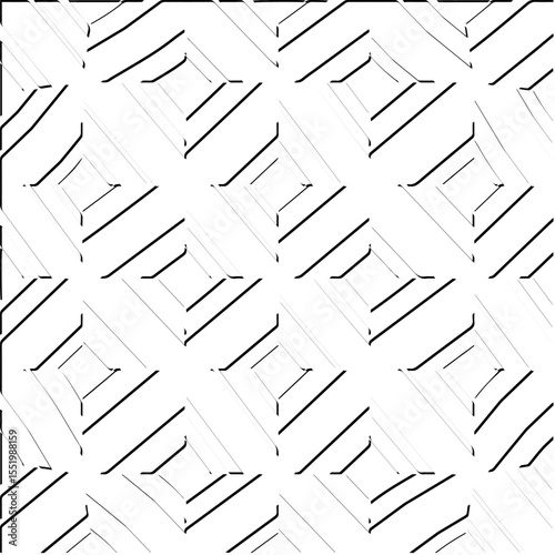  3d relief tiles.
Vector pattern with symmetrical elements . Modern stylish abstract texture. Repeating tiles from striped elements. Black and white pattern.