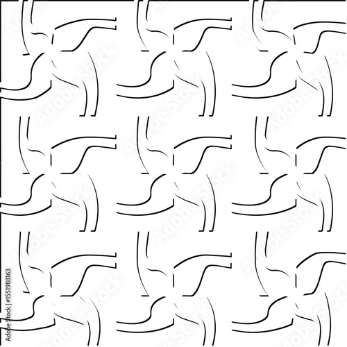  3d relief tiles.
Vector pattern with symmetrical elements . Modern stylish abstract texture. Repeating tiles from striped elements. Black and white pattern.