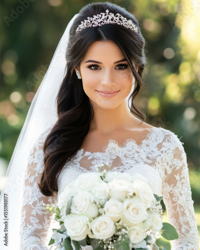 Beautiful Bride Holds White Roses Bouquet