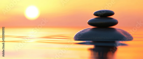Stone cairn stacked in water at sunrise for meditation balance